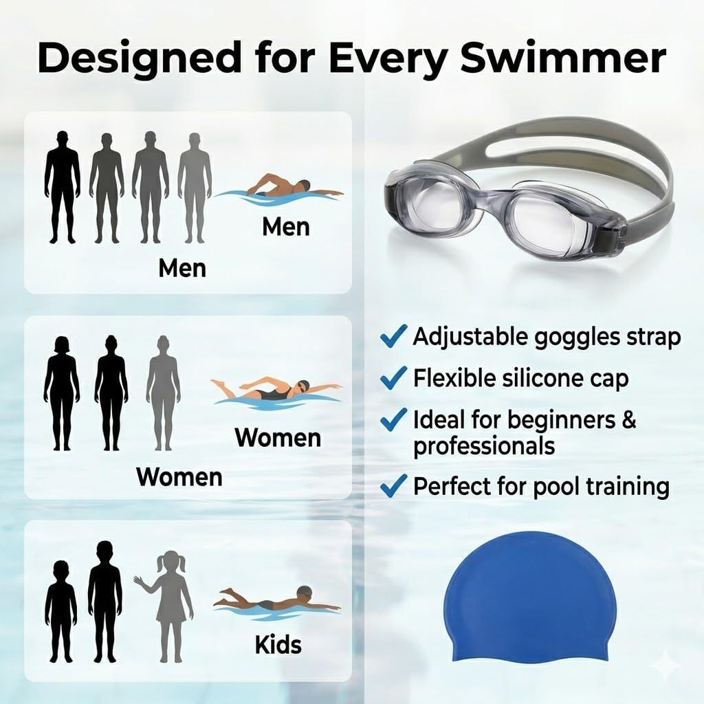 JERN Silicone Swim Cap and Anti-Fog Swimming Goggles Set Unisex