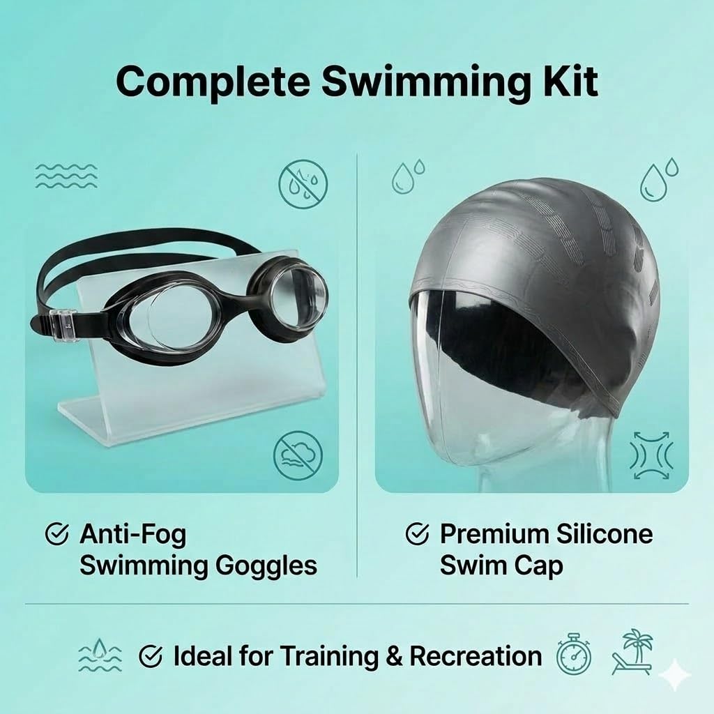 JERN Silicone Swim Cap and Anti-Fog Swimming Goggles Set Unisex