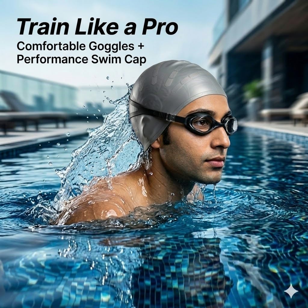 JERN Silicone Swim Cap and Anti-Fog Swimming Goggles Set Unisex