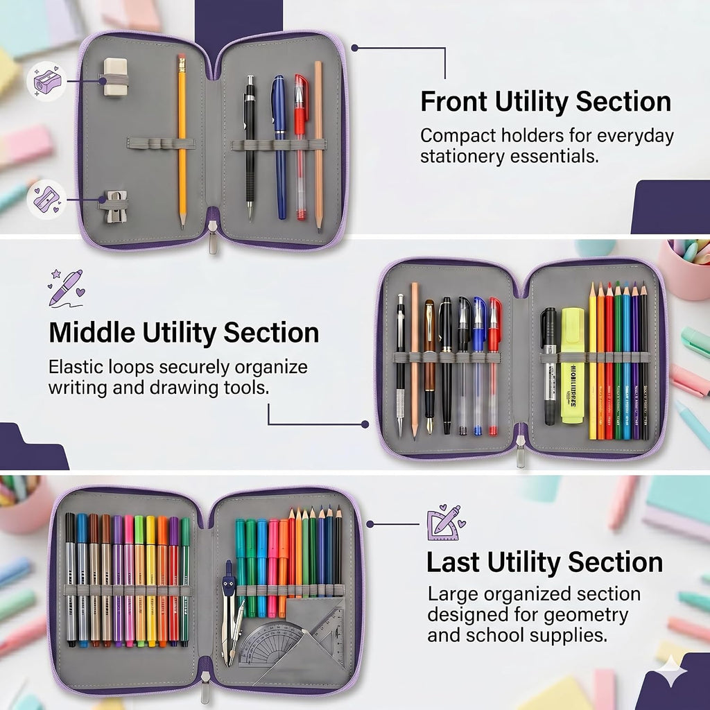 JERN 3 Compartment Hardtop Zipper Pencil Case
